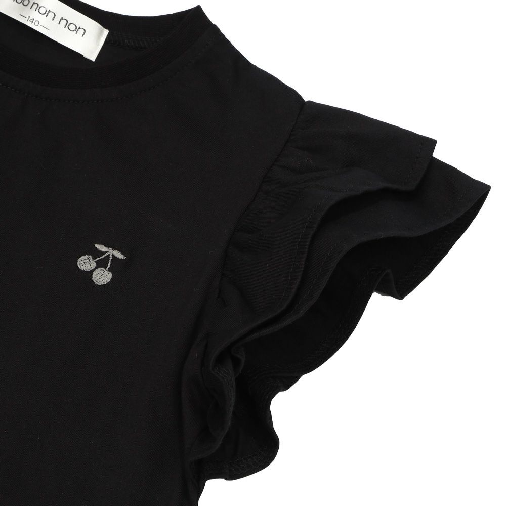 子供服 女の子 綿100％ さくらんぼ 刺繍 フリル 袖 Tシャツ ブラック(00) デザインポイント1