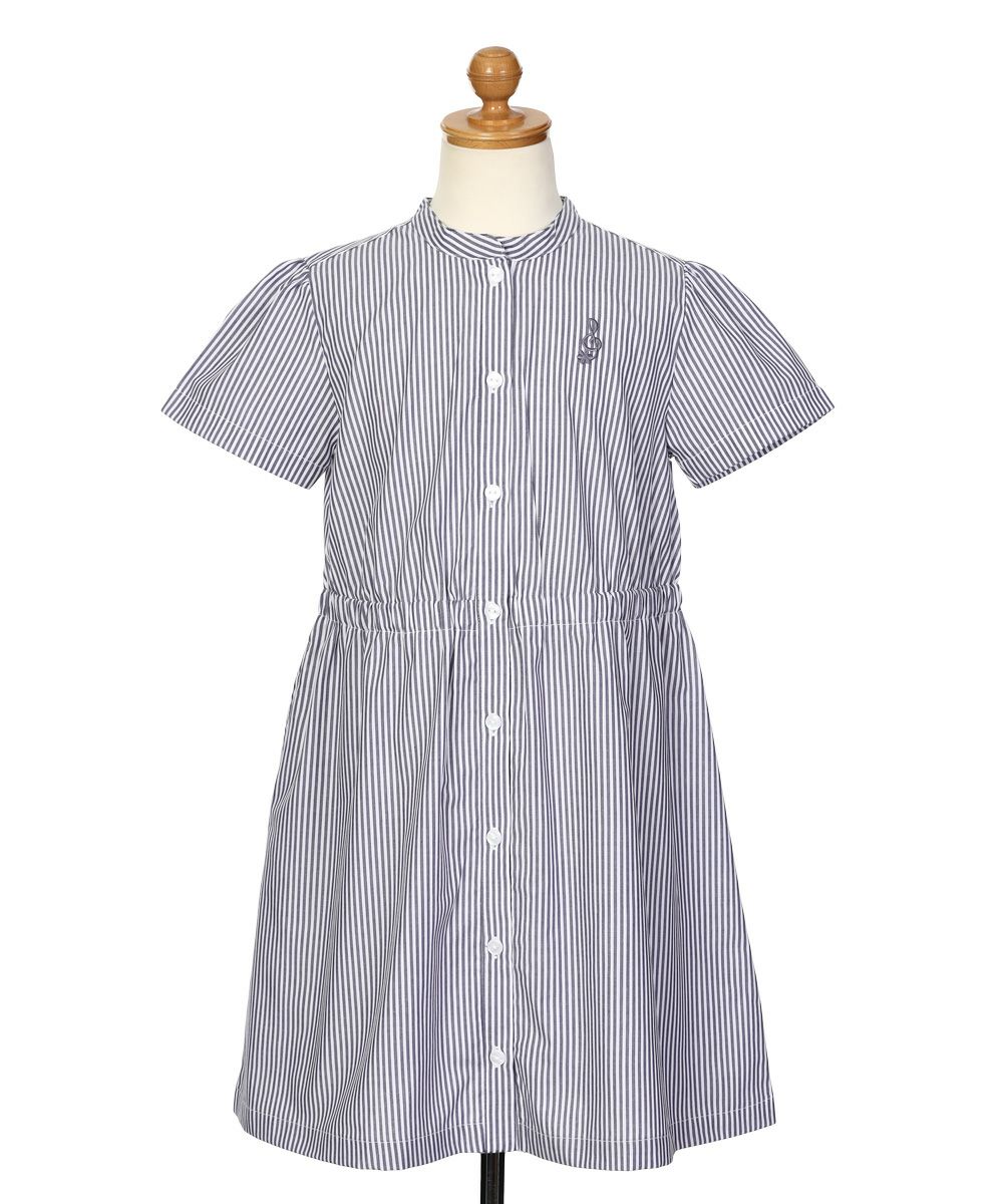 子供服 女の子 ストライプ柄 音符刺繍 前開きワンピース ネイビー(06) トルソー正面