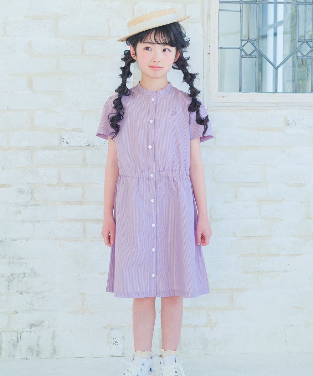 子供服 女の子 ストライプ柄 音符刺繍 前開きワンピース パープル(91) モデル画像アップ