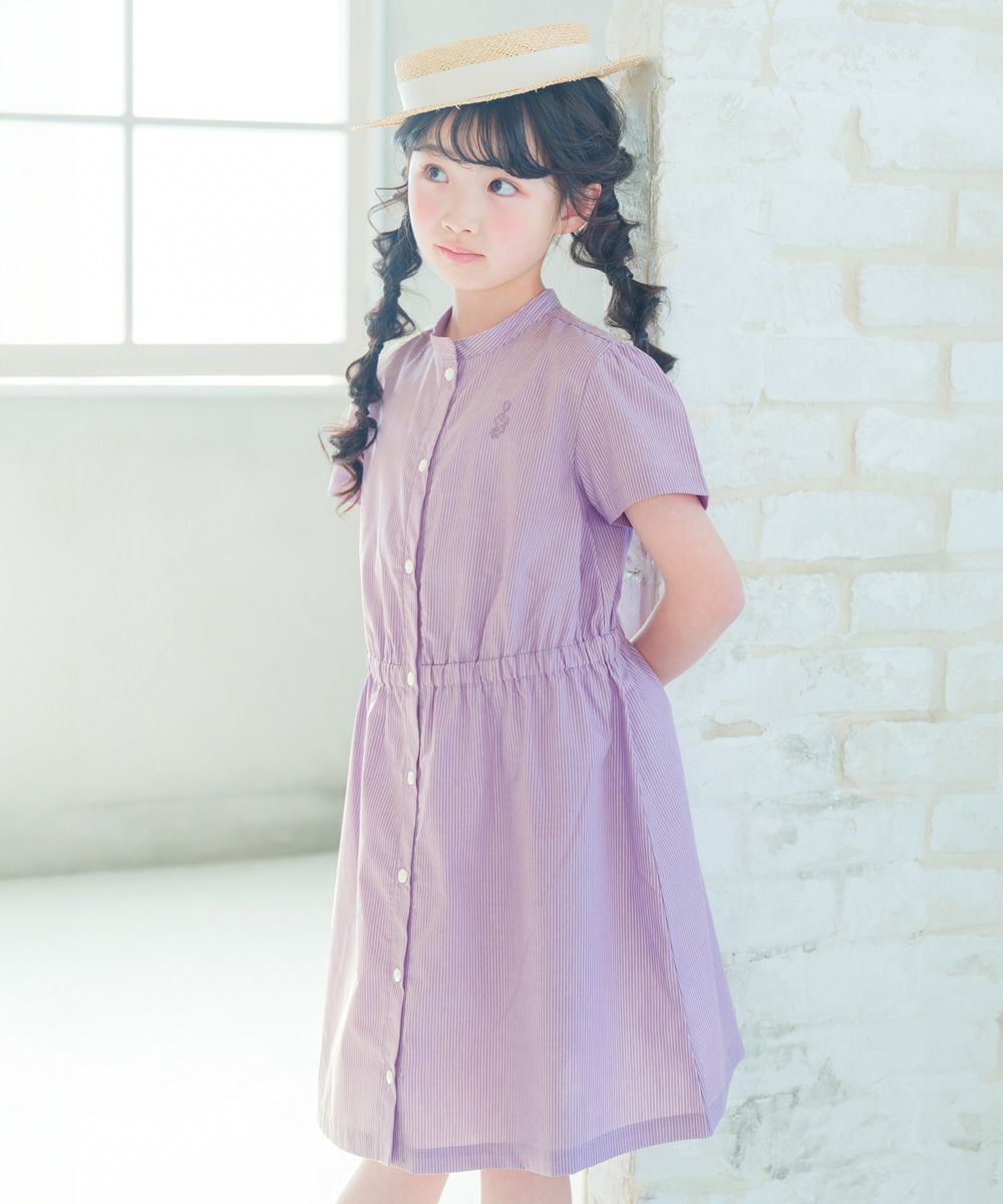 子供服 女の子 ストライプ柄 音符刺繍 前開きワンピース パープル(91) モデル画像1