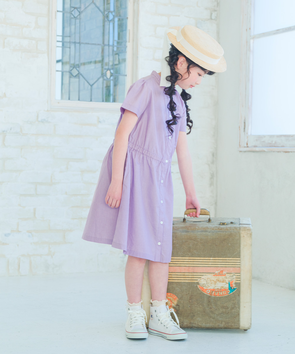 子供服 女の子 ストライプ柄 音符刺繍 前開きワンピース パープル(91) モデル画像3