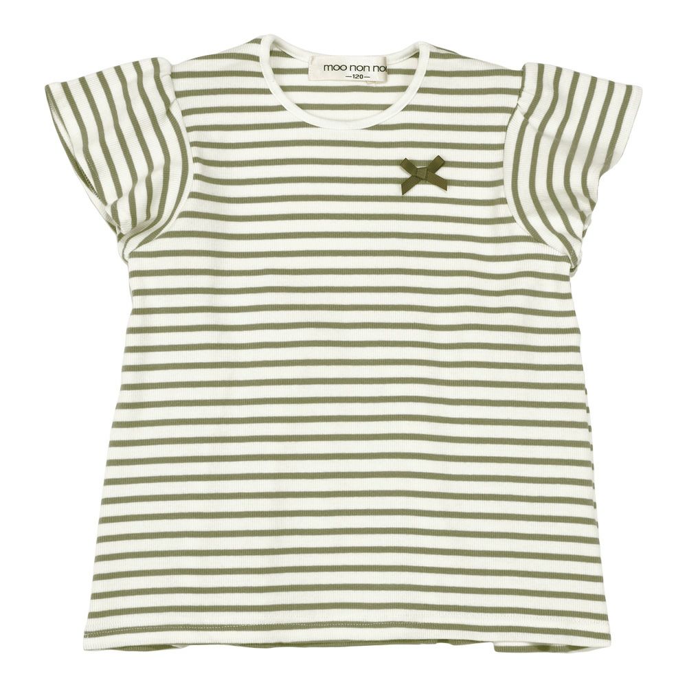 子供服 女の子 リボン付き ボーダー柄 Tシャツ グリーン(08) 正面