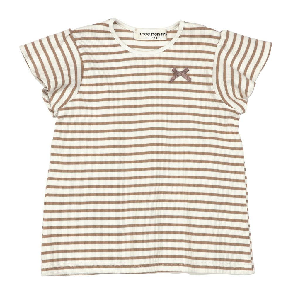 子供服 女の子 リボン付き ボーダー柄 Tシャツ ベージュ(51) 正面