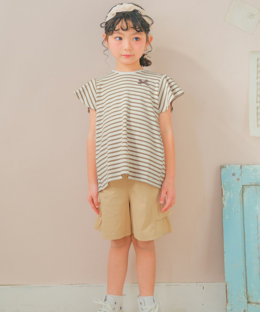 子供服 女の子 リボン付き ボーダー柄 Tシャツ ベージュ(51) モデル画像アップ