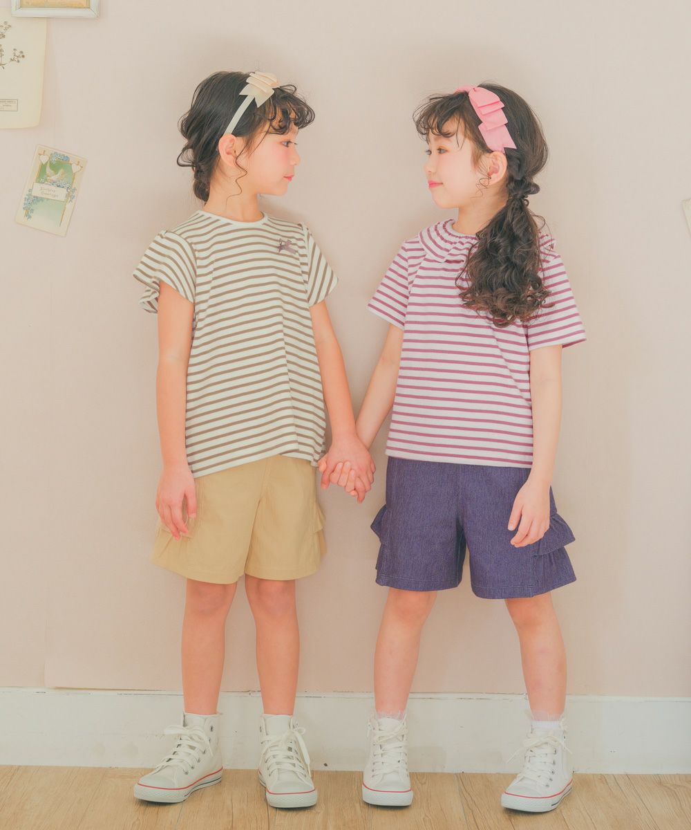 子供服 女の子 リボン付き ボーダー柄 Tシャツ ベージュ(51) モデル画像3