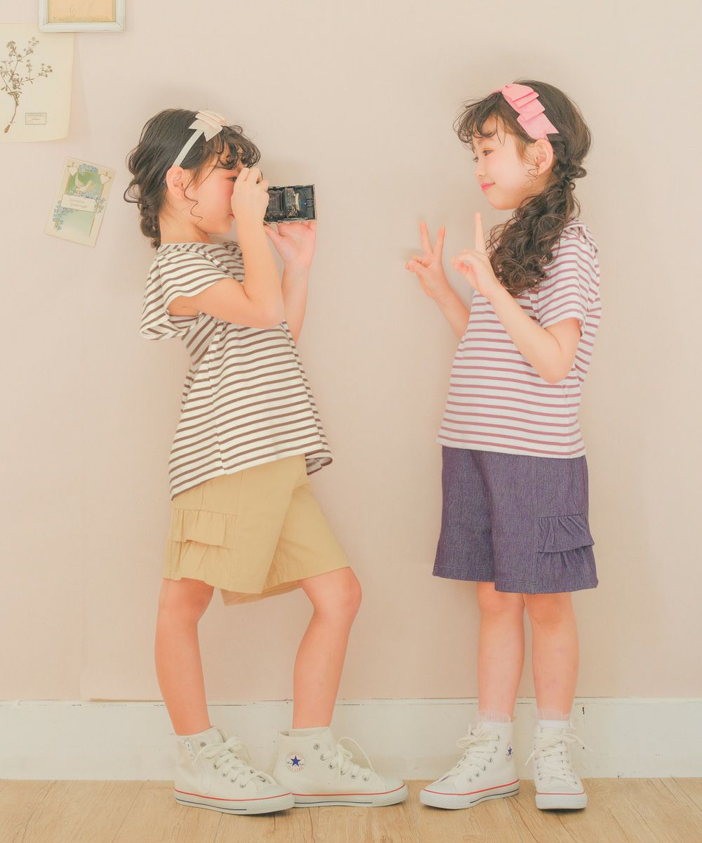子供服 女の子 リボン付き ボーダー柄 Tシャツ ベージュ(51) モデル画像4