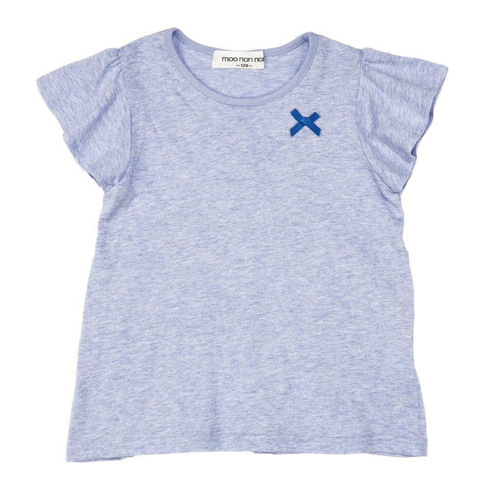子供服 女の子 リボン付き ボーダー柄 Tシャツ ブルー杢(62) 正面