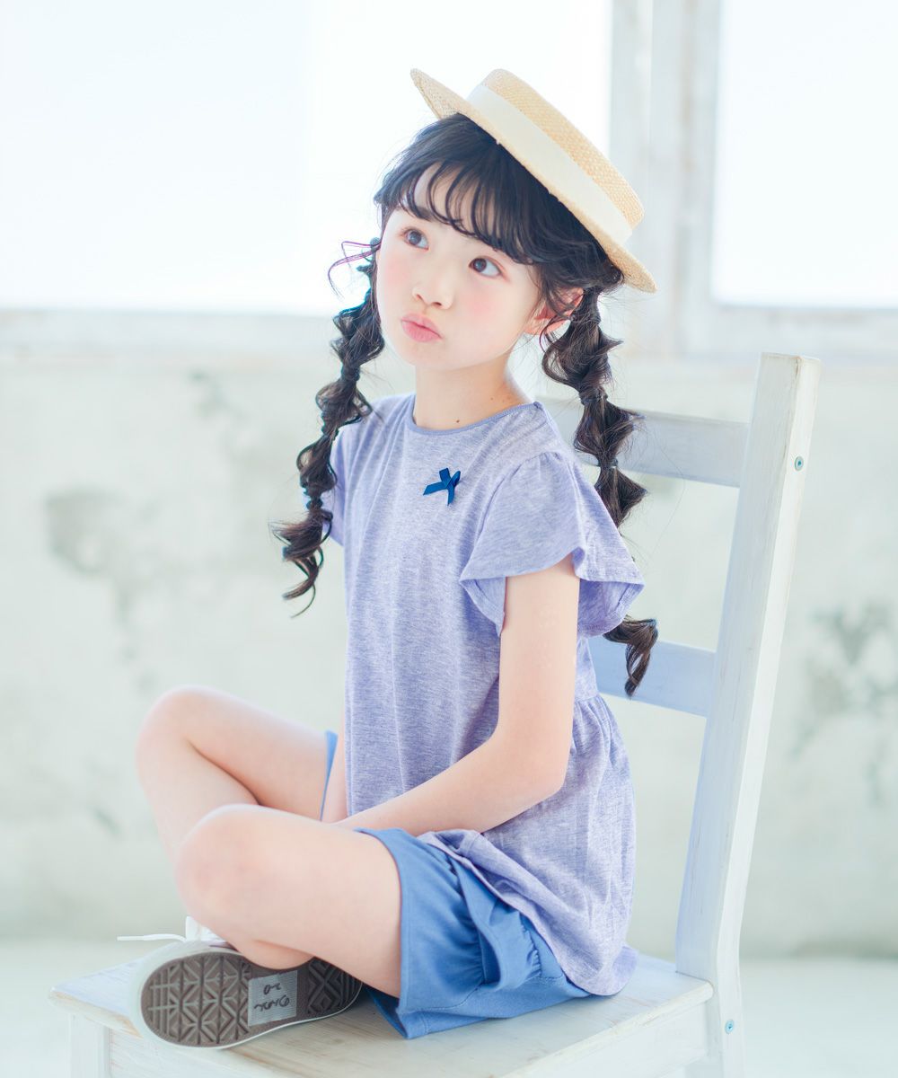 子供服 女の子 リボン付き ボーダー柄 Tシャツ ブルー杢(62) モデル画像全身