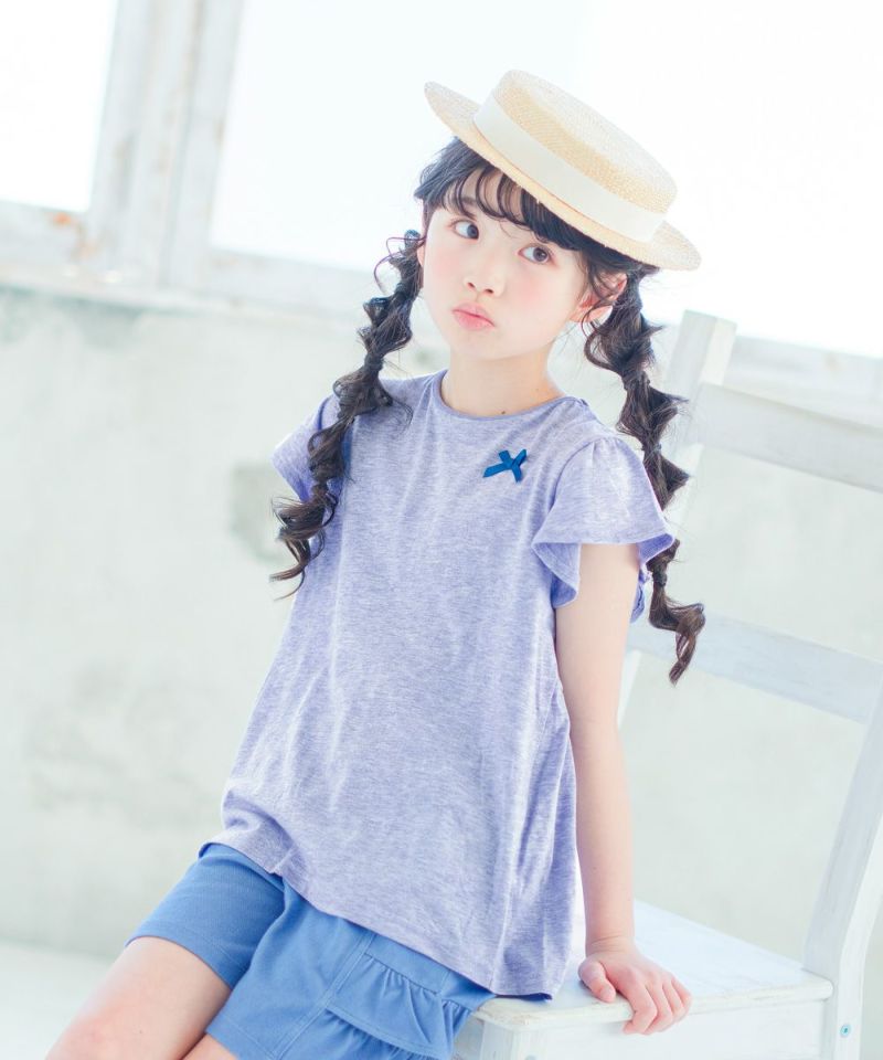 子供服 女の子 リボン付き ボーダー柄 Tシャツ ブルー杢(62) モデル画像1