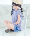 子供服 女の子 リボン付き ボーダー柄 Tシャツ ブルー杢(62) モデル画像2