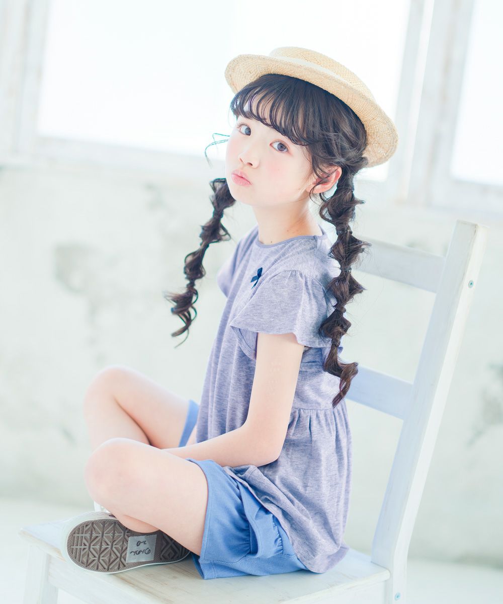 子供服 女の子 リボン付き ボーダー柄 Tシャツ ブルー杢(62) モデル画像4