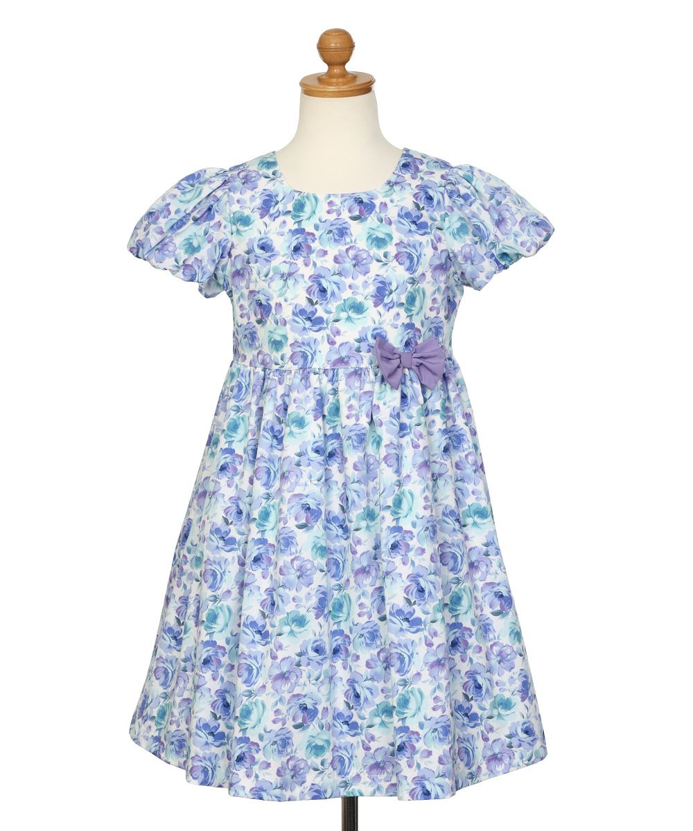 子供服 女の子 日本製 綿100％ 花柄 リボン付き ワンピース ブルー(61) トルソー正面