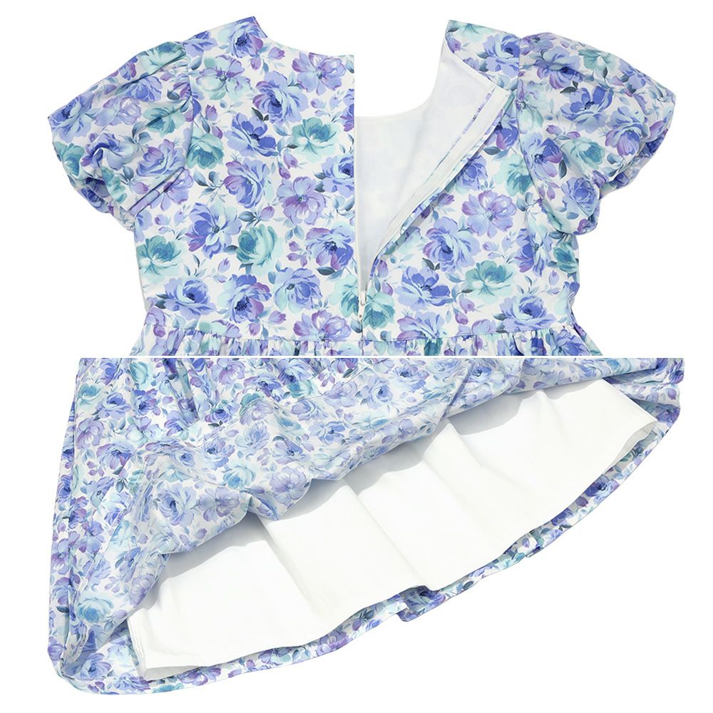 子供服 女の子 日本製 綿100％ 花柄 リボン付き ワンピース ブルー(61) デザインポイント1