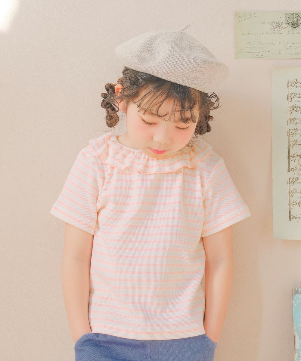 ベビー服 女の子 フリル衿 ボーダー ベーシック Tシャツ ピンク(02) モデル画像全身