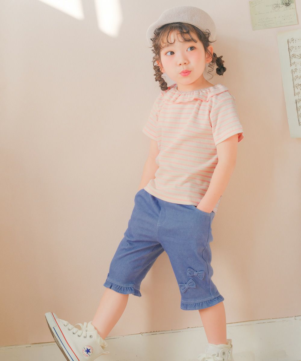 ベビー服 女の子 フリル衿 ボーダー ベーシック Tシャツ ピンク(02) モデル画像2