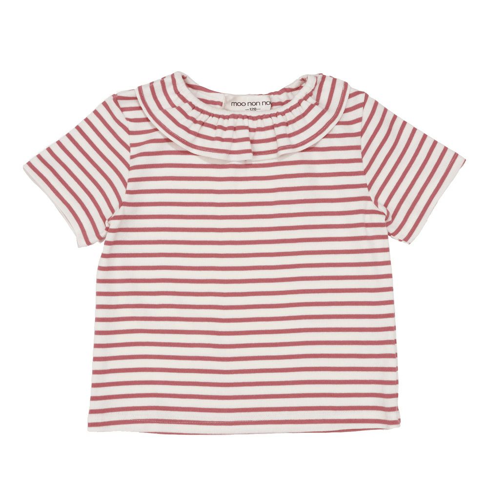 ベビー服 女の子 フリル衿 ボーダー ベーシック Tシャツ ショッキングピンク(21) 正面