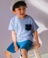 ベビー服 男の子 綿100％ デニム ポケット付  Tシャツ ブルー杢(62) モデル画像アップ