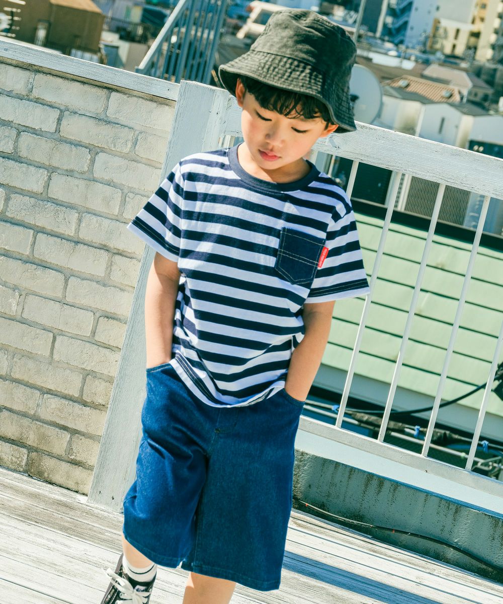 ベビー服 男の子 ポケット付 ロゴ ボーダー Tシャツ ホワイト×ネイビー(17) モデル画像1