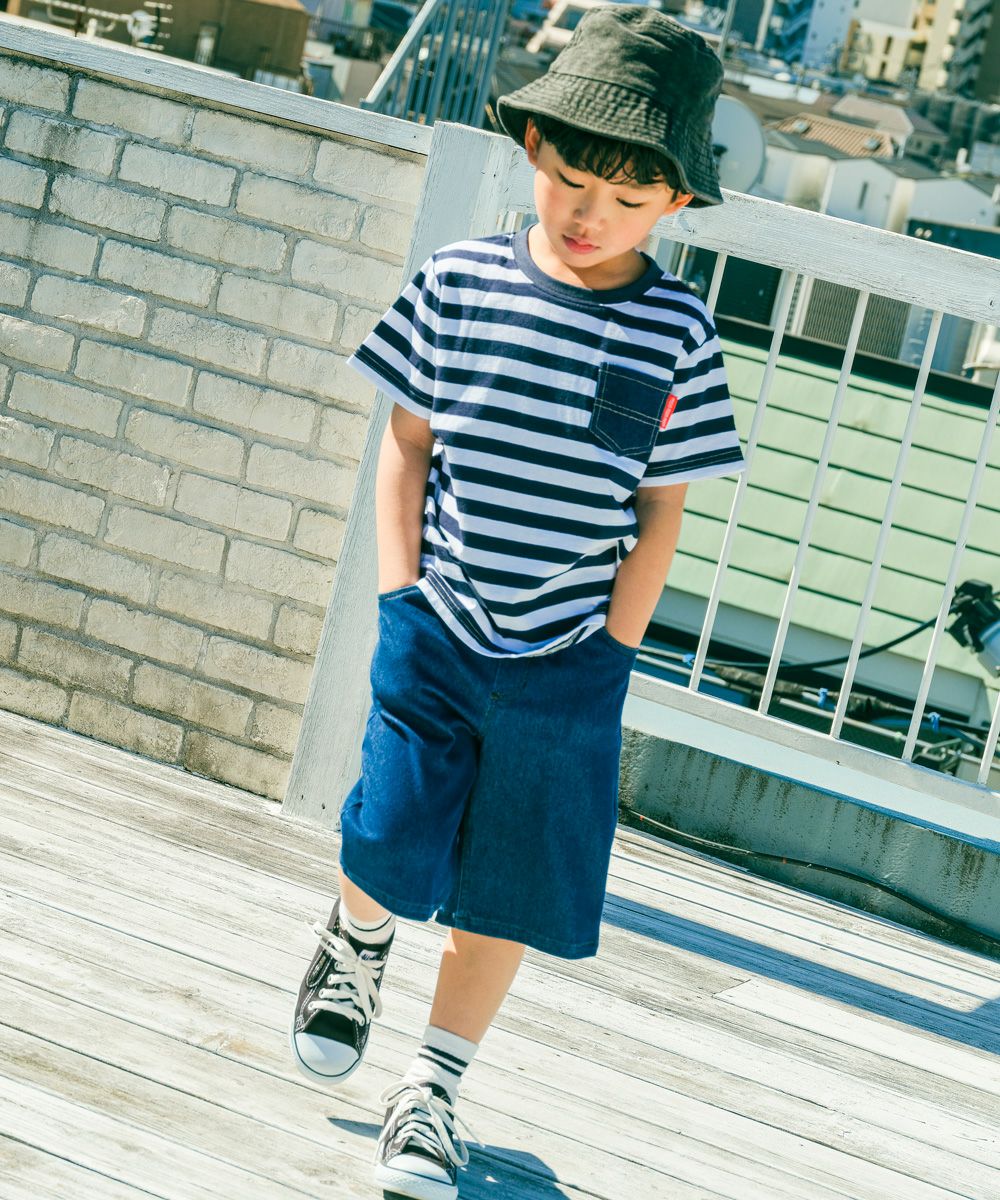 ベビー服 男の子 インディゴ染め ウエストゴム デニム ネイビー(06) モデル画像全身