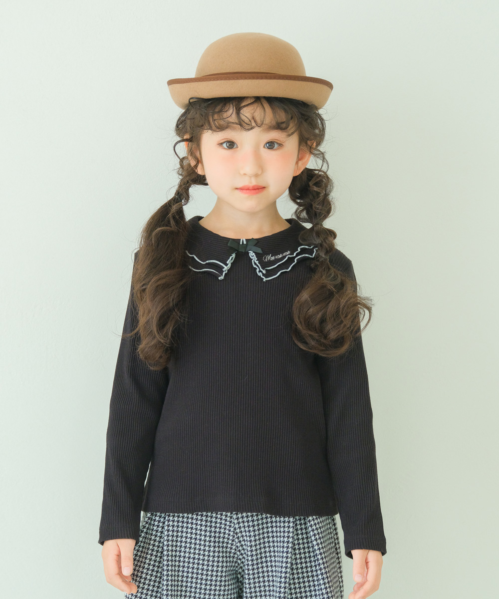 子供服 女の子 【TIME SALE】フリル襟 リブ Tシャツ ブラック(00) モデル画像1