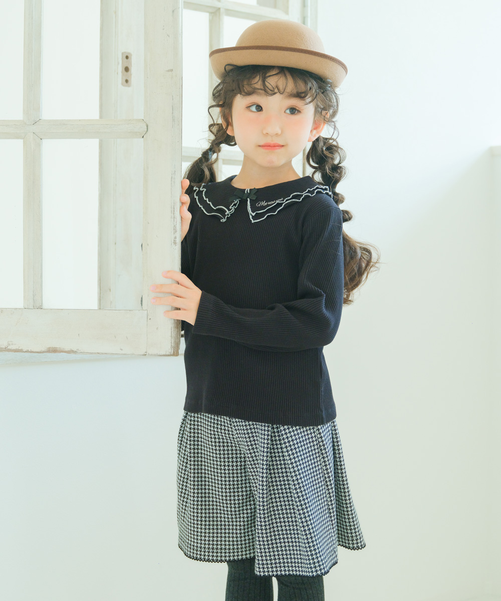 子供服 女の子 【TIME SALE】フリル襟 リブ Tシャツ ブラック(00) モデル画像2