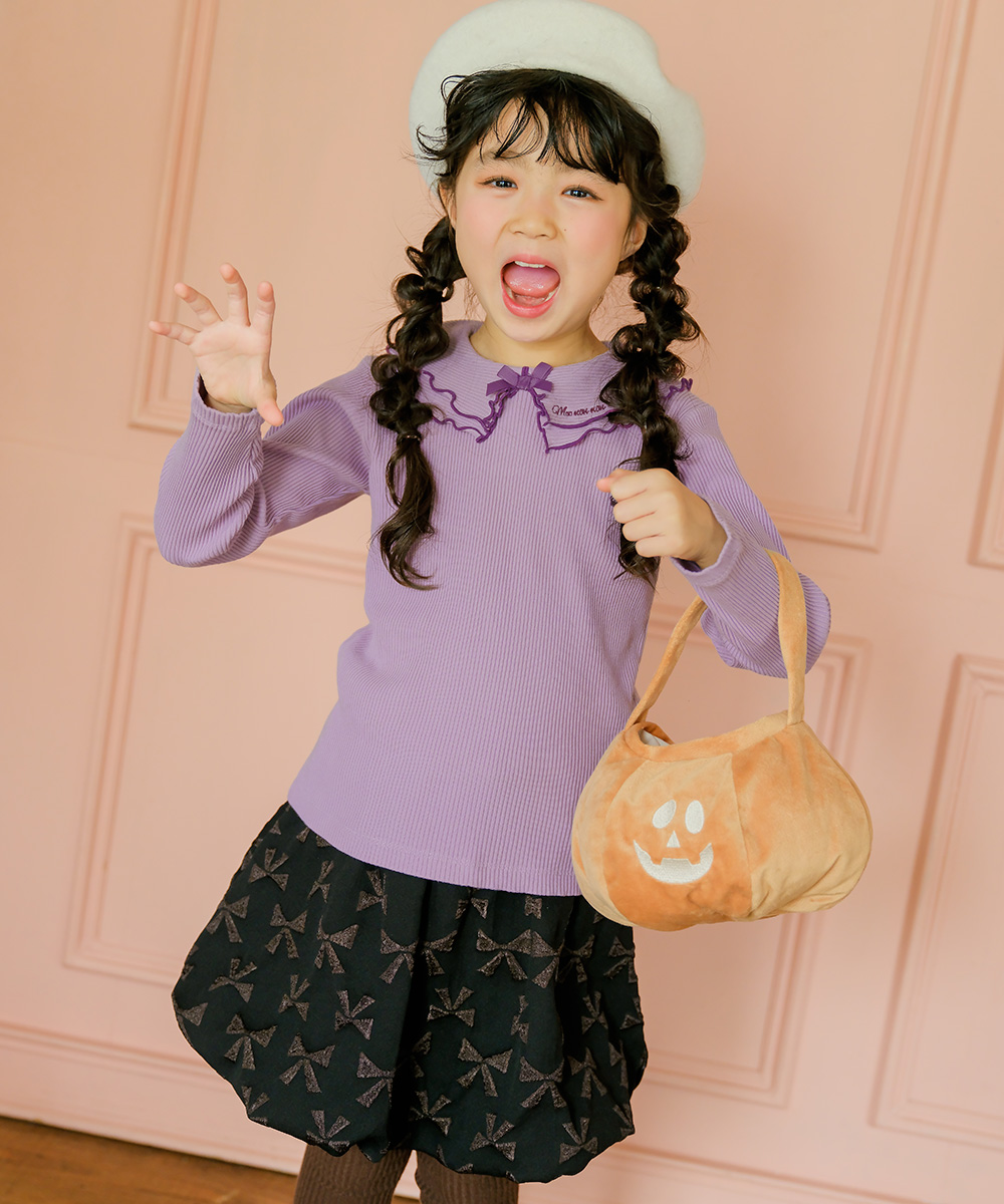 子供服 女の子 【TIME SALE】フリル襟 リブ Tシャツ パープル(91) モデル画像全身