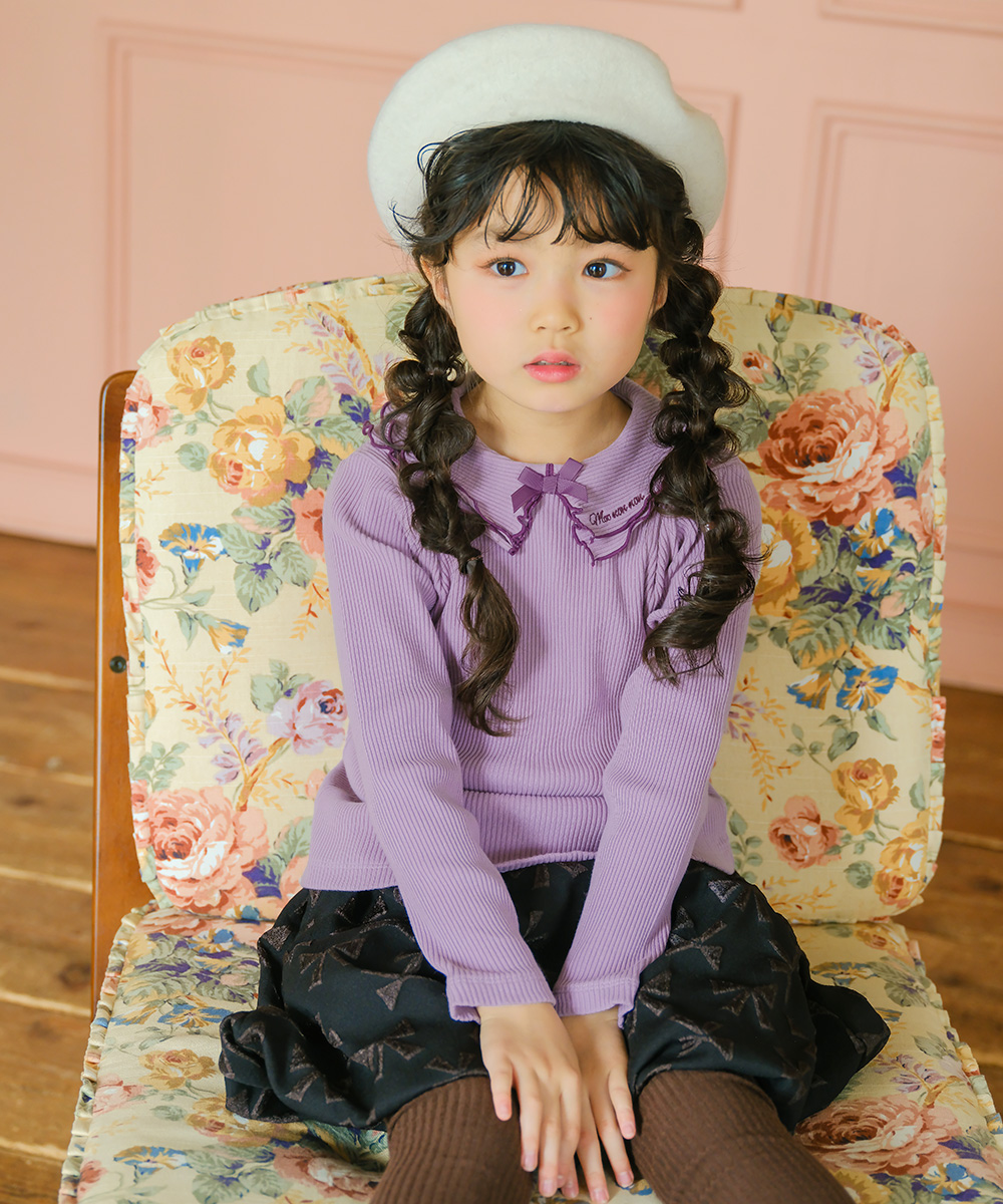 子供服 女の子 【TIME SALE】フリル襟 リブ Tシャツ パープル(91) モデル画像1