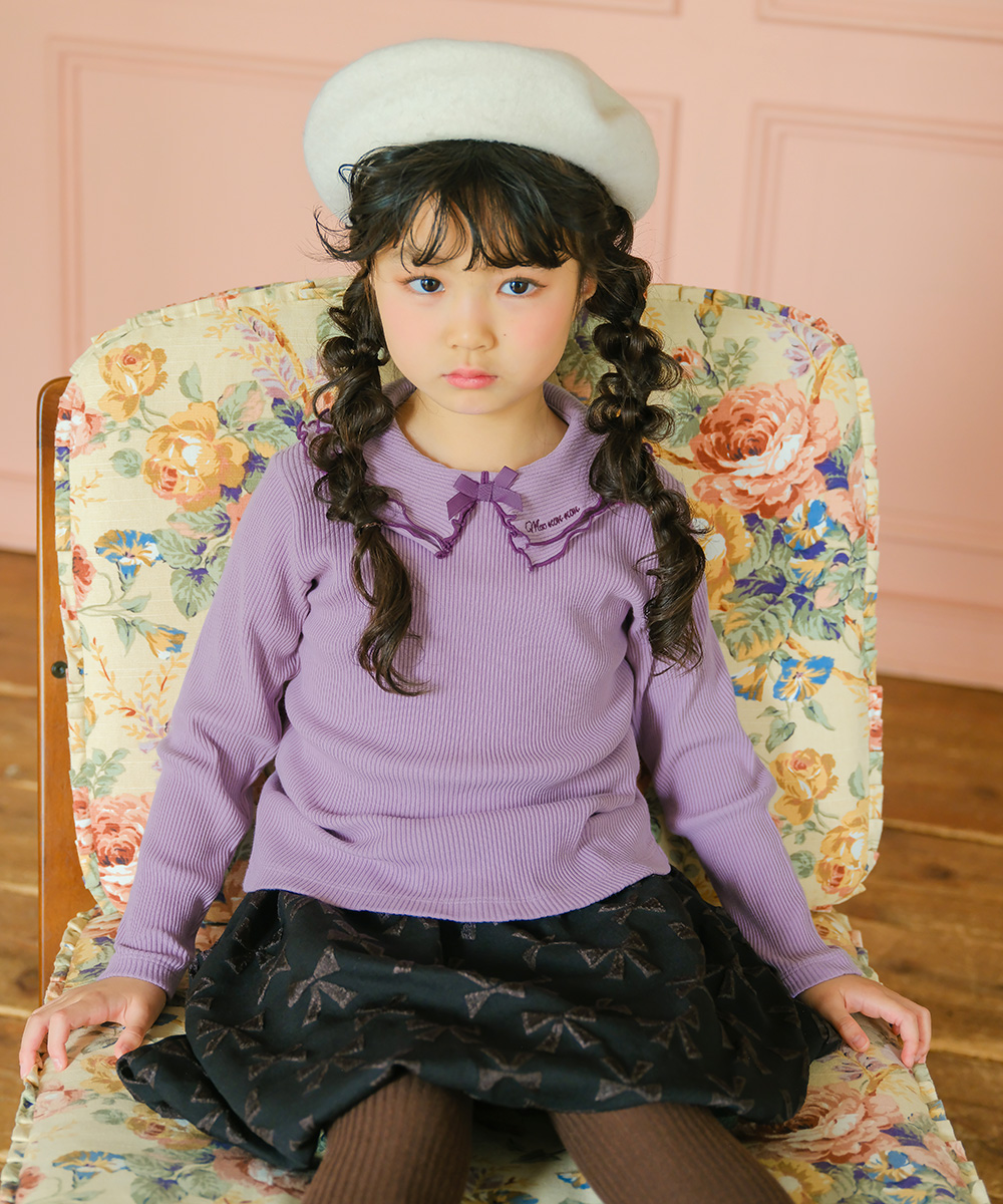 子供服 女の子 【TIME SALE】フリル襟 リブ Tシャツ パープル(91) モデル画像2