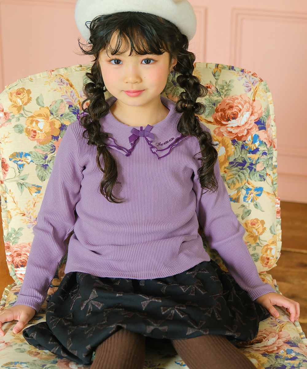 子供服 女の子 【TIME SALE】フリル襟 リブ Tシャツ パープル(91) モデル画像3