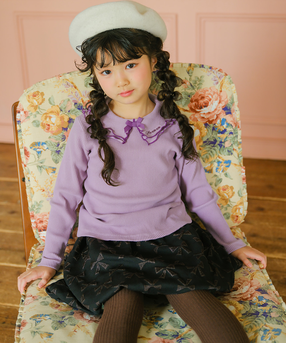 子供服 女の子 【TIME SALE】フリル襟 リブ Tシャツ パープル(91) モデル画像4