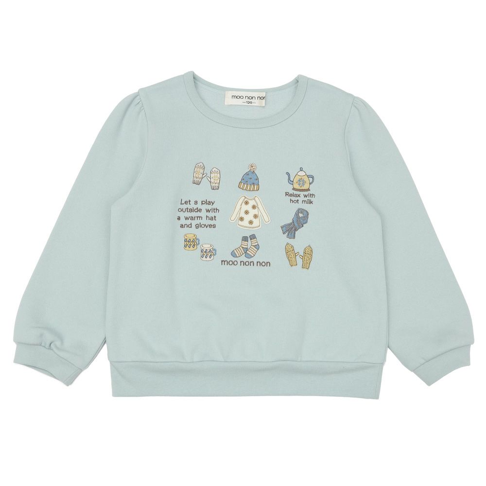 ベビー服 女の子 冬モチーフ　刺繍 裏起毛トレーナー グリーン(08) 正面