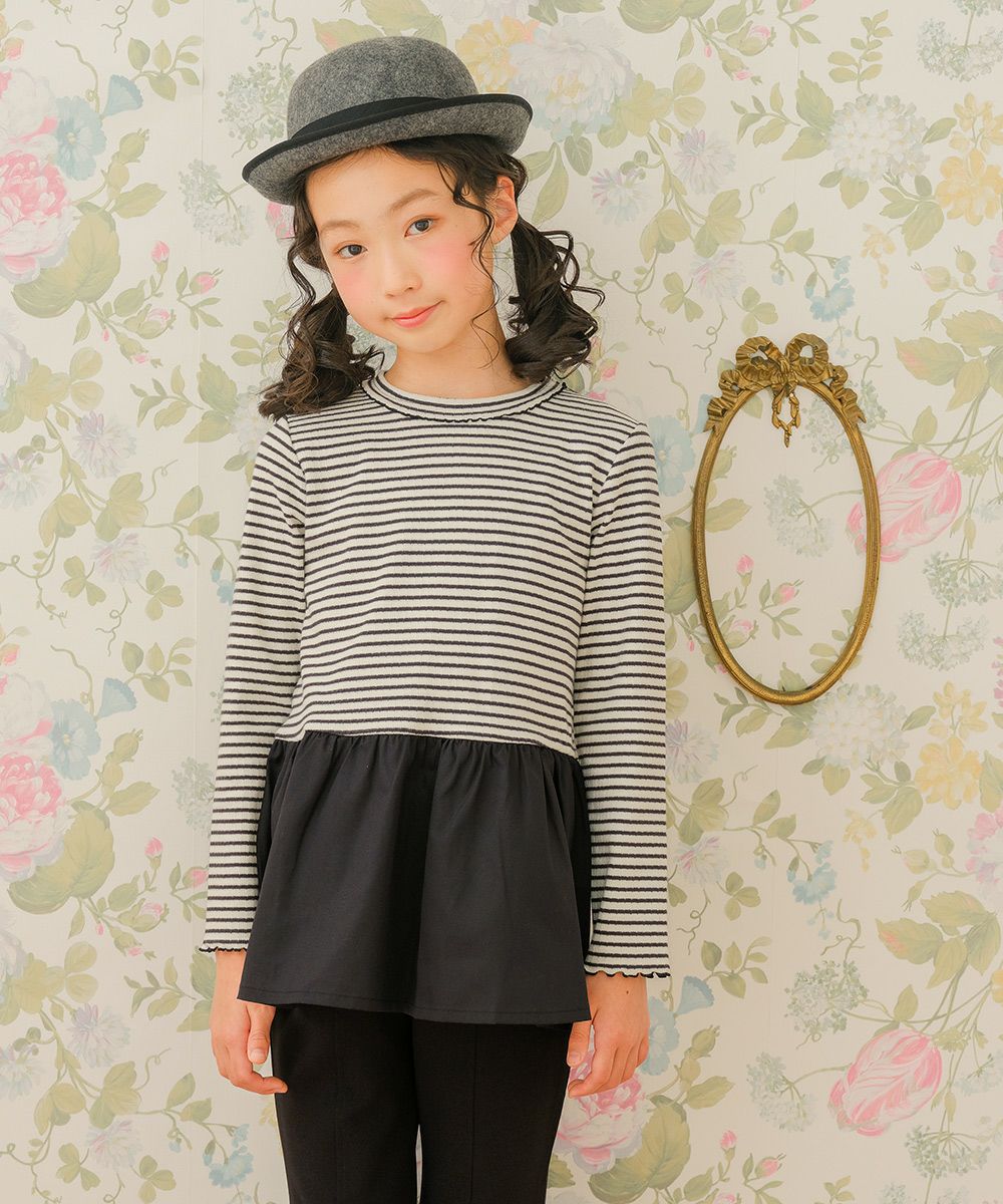 子供服 女の子 おしゃれ かわいい ガーリーカジュアル ボーダー柄 りぼん プレゼント ギフト ホワイト×ブラック(10) モデル画像1