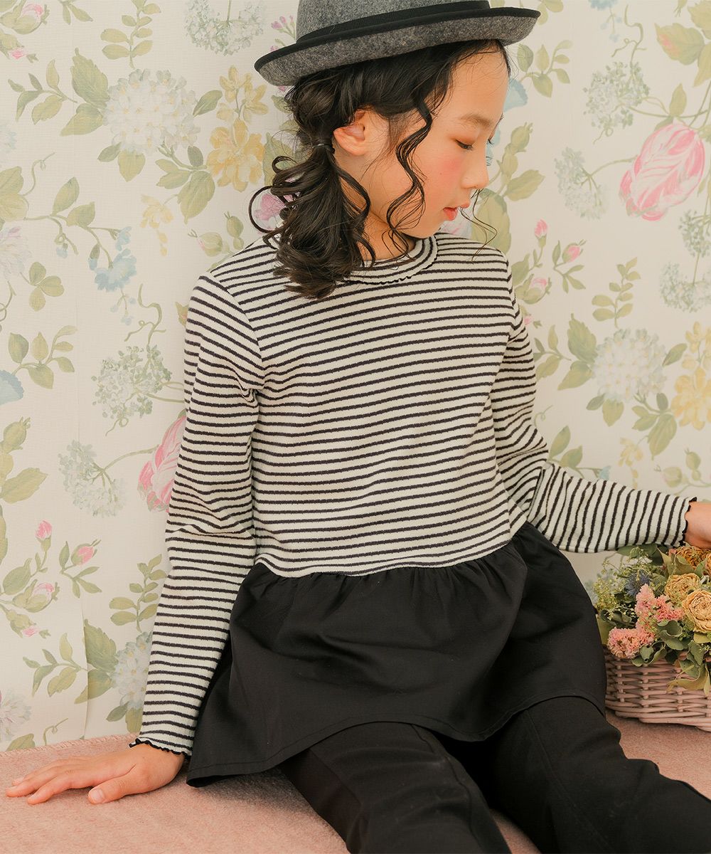 子供服 女の子 おしゃれ かわいい ガーリーカジュアル ボーダー柄 りぼん プレゼント ギフト ホワイト×ブラック(10) モデル画像3