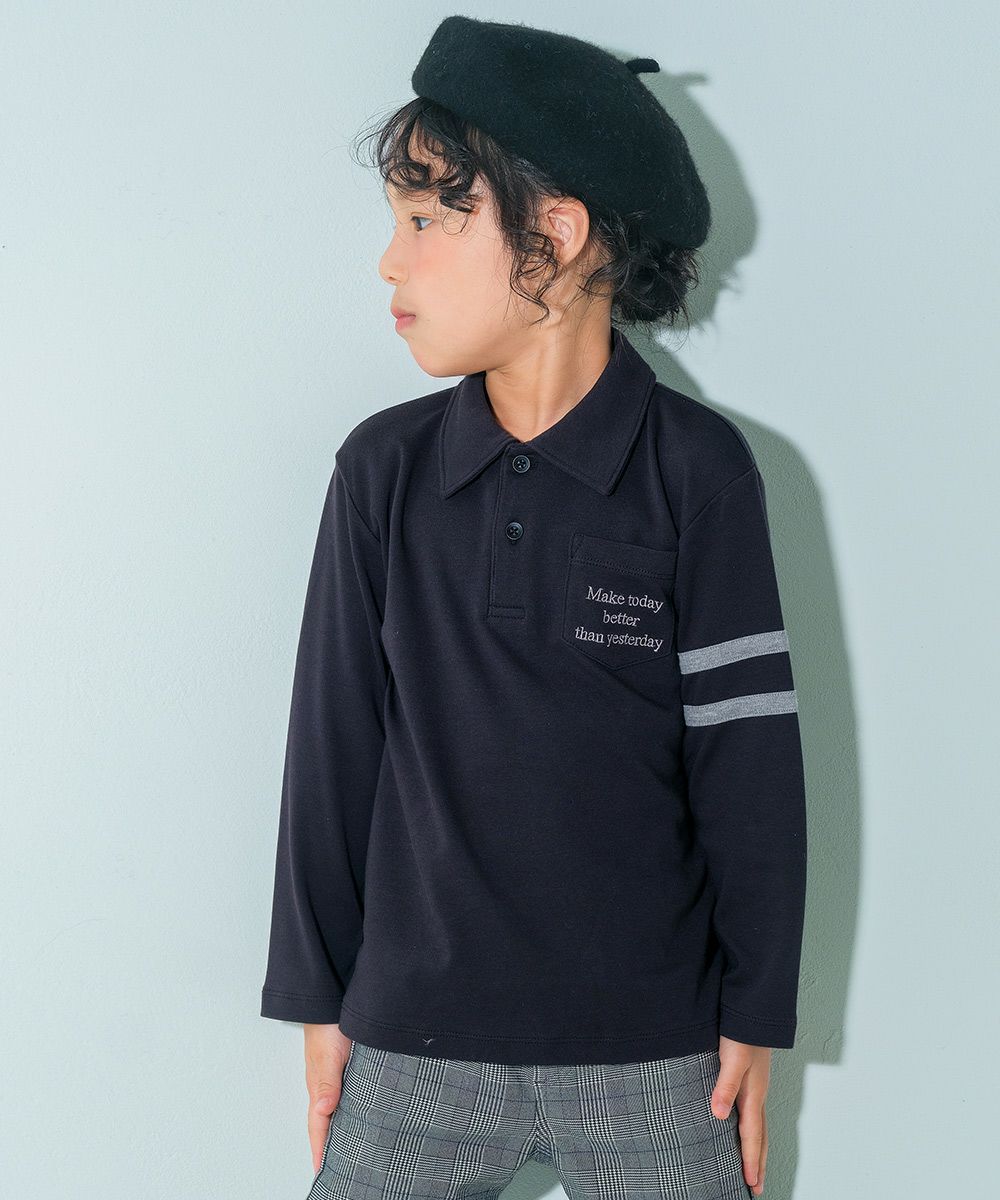 ベビー服 男の子 綿100％ 子ども服 こども キッズ ジュニア コットン 襟付き ロゴ 長袖ティーシャツ ブラック(00) モデル画像アップ