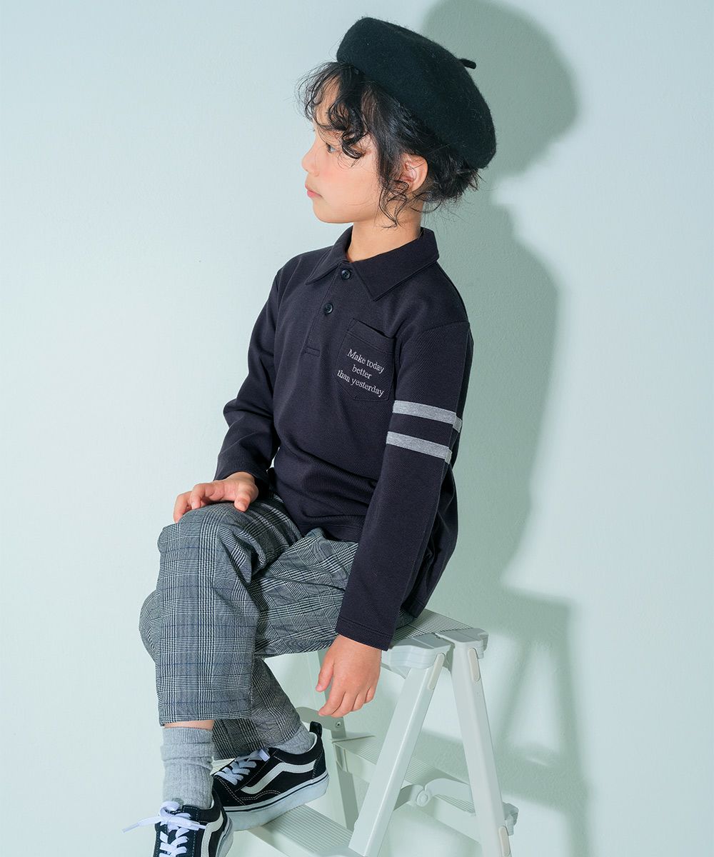 ベビー服 男の子 綿100％ 子ども服 こども キッズ ジュニア コットン 襟付き ロゴ 長袖ティーシャツ ブラック(00) モデル画像1