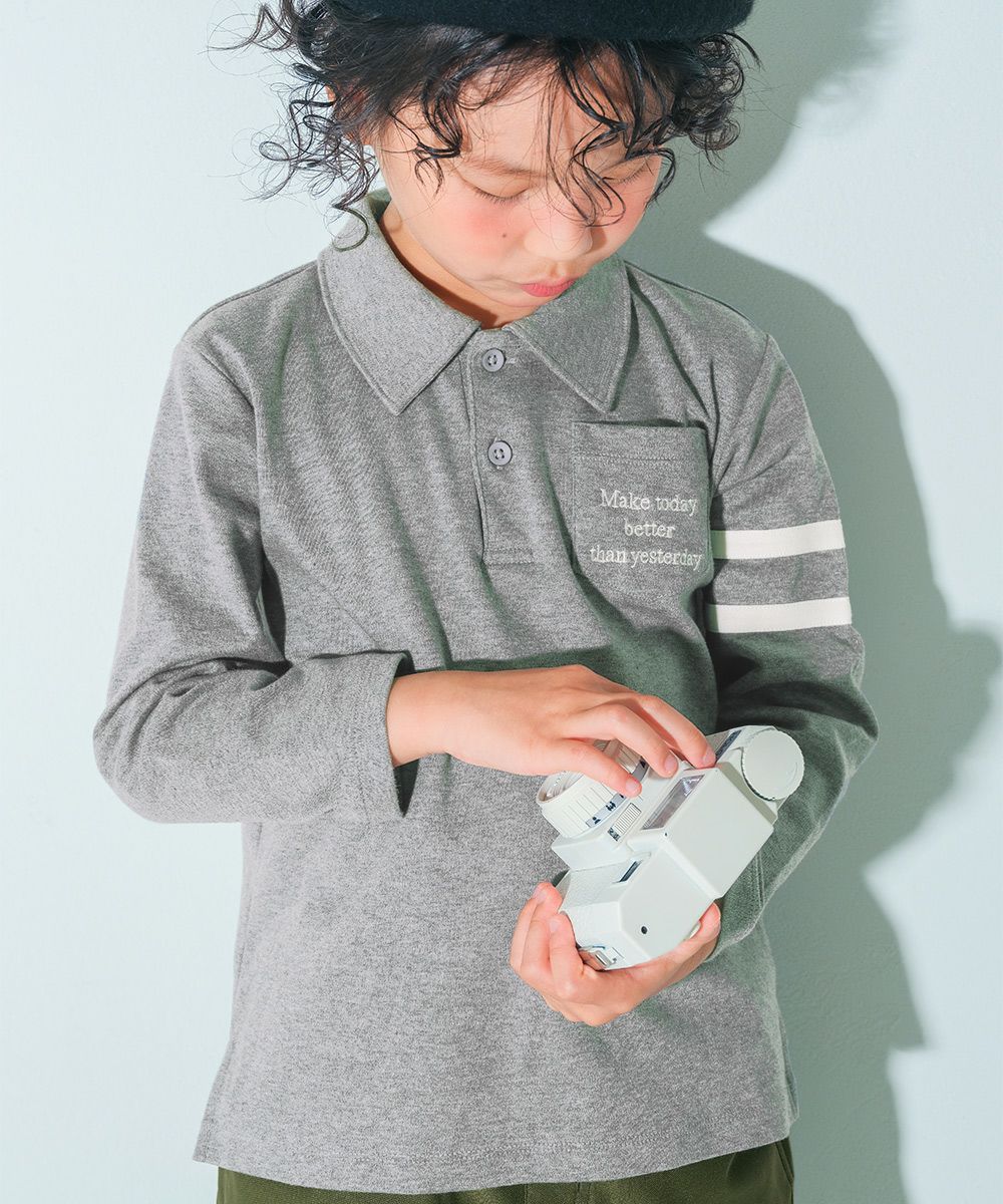 ベビー服 男の子 綿100％ 子ども服 こども キッズ ジュニア コットン 襟付き ロゴ 長袖ティーシャツ 杢ｸﾞﾚｰ(92) モデル画像アップ