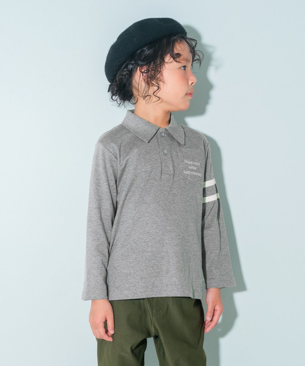 ベビー服 男の子 綿100％ 子ども服 こども キッズ ジュニア コットン 襟付き ロゴ 長袖ティーシャツ 杢ｸﾞﾚｰ(92) モデル画像全身