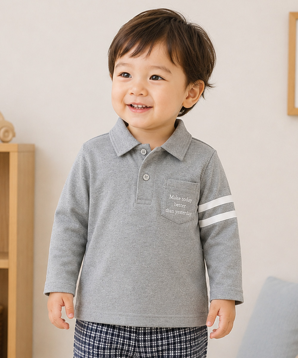 ベビー服 男の子 綿100％ 子ども服 こども キッズ ジュニア コットン 襟付き ロゴ 長袖ティーシャツ 杢ｸﾞﾚｰ(92) モデル画像3