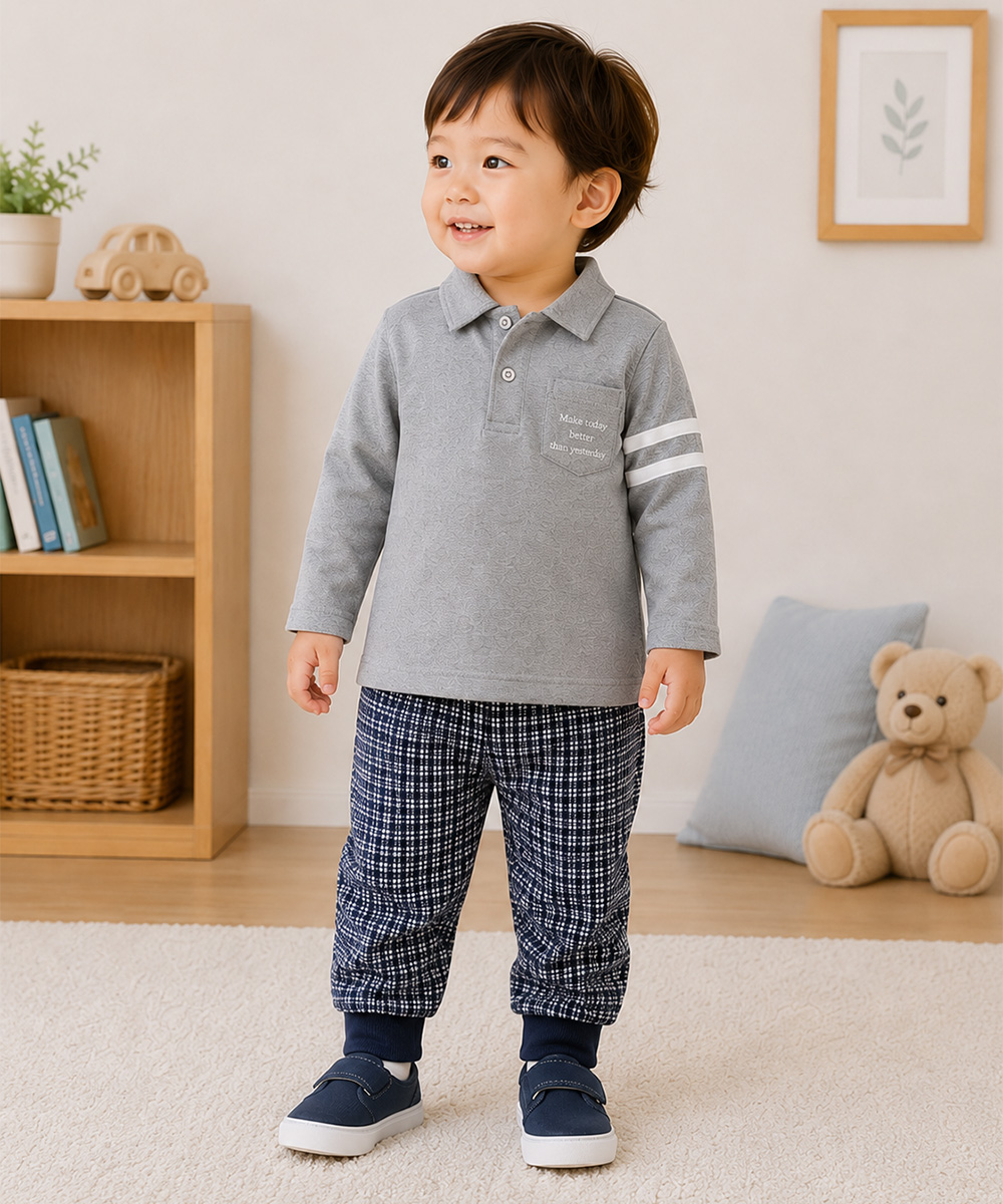 ベビー服 男の子 綿100％ 子ども服 こども キッズ ジュニア コットン 襟付き ロゴ 長袖ティーシャツ 杢ｸﾞﾚｰ(92) モデル画像4