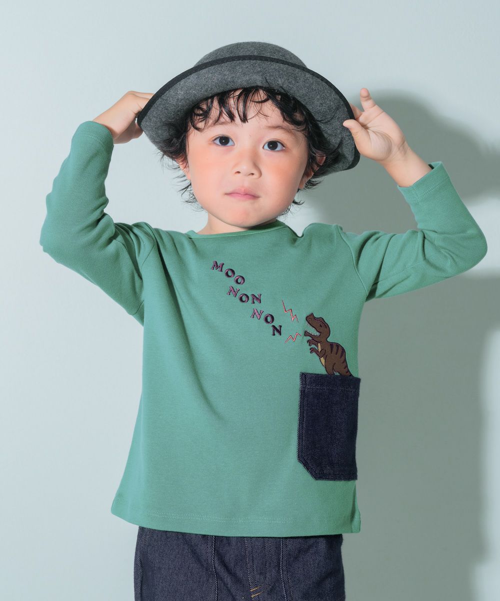 ベビー服 男の子 恐竜 刺繍 ポケット付き 微起毛トレーナー グリーン(08) モデル画像1