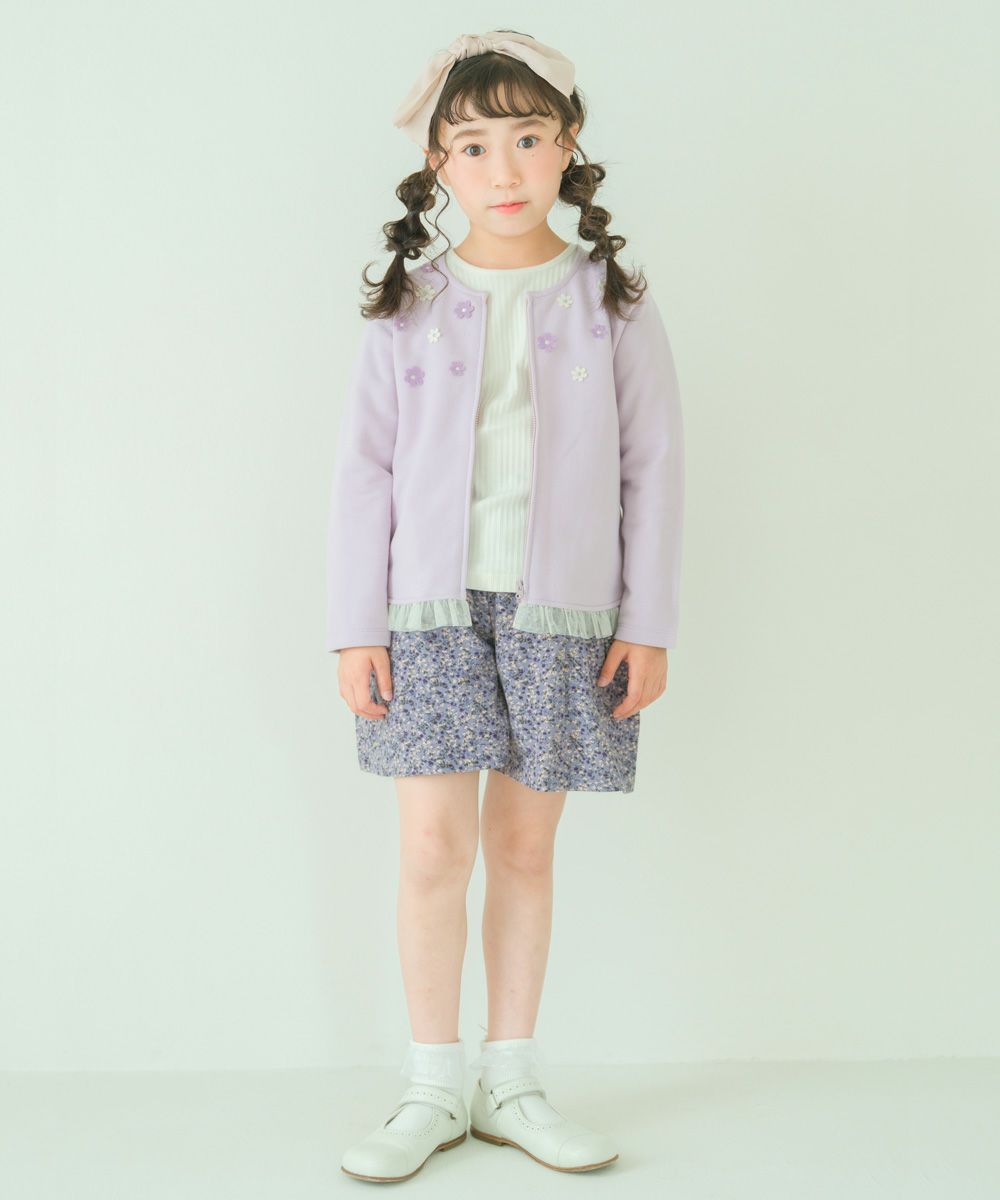 子供服 女の子 リボン付き ポケット 花柄 キュロット パープル(91) モデル画像全身