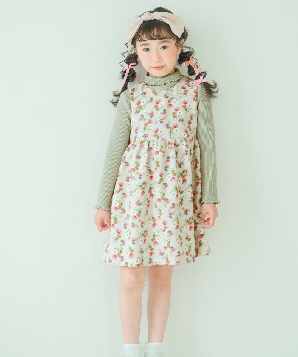 子供服 女の子 リブ生地 ハイネック 長袖Tシャツ グリーン(08) モデル画像アップ