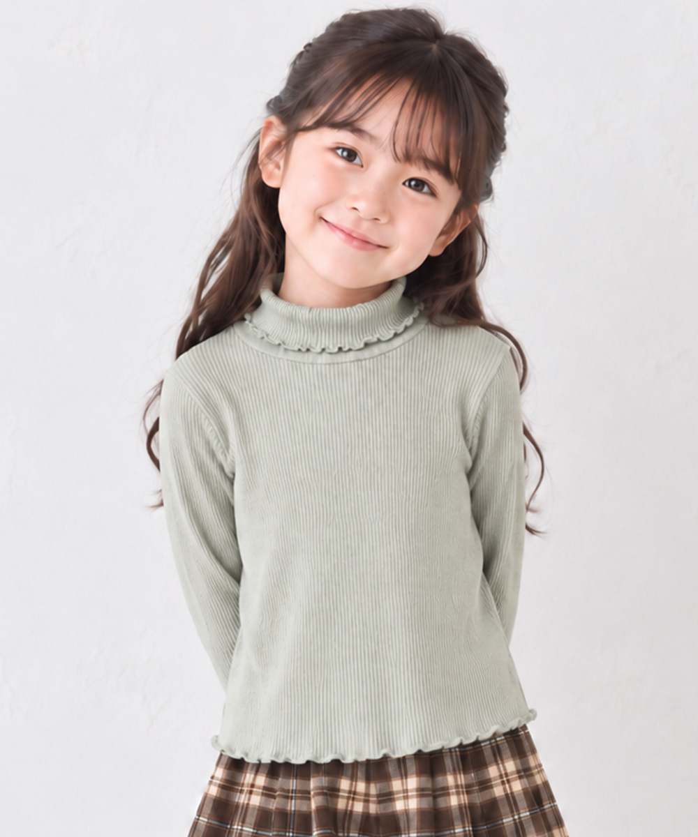 子供服 女の子 リブ生地 ハイネック 長袖Tシャツ グリーン(08) モデル画像アップ