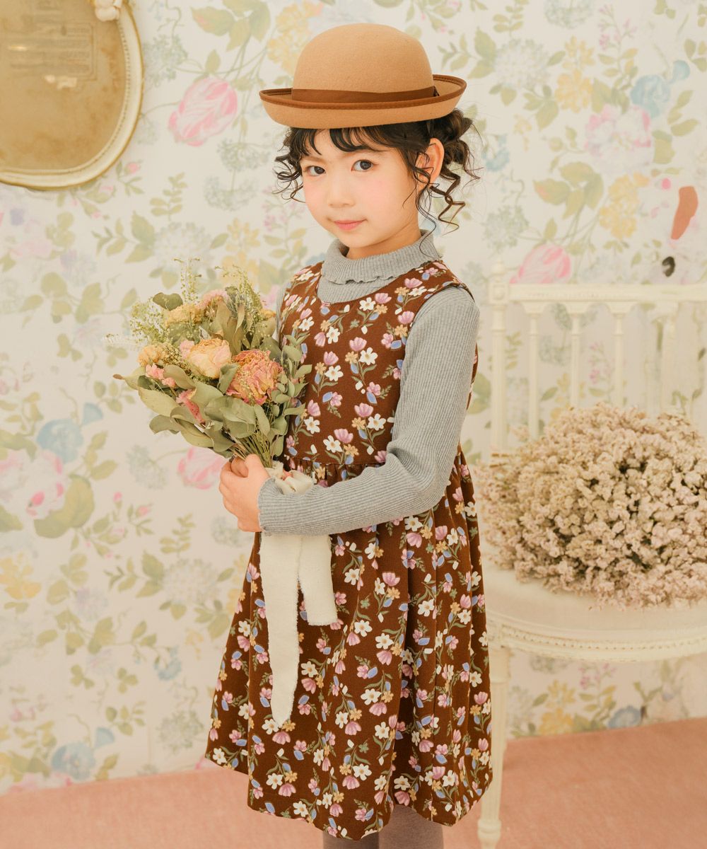 ベビー服 女の子 こども服 キッズ 花柄 ファスナー ブラウン(05) モデル画像アップ