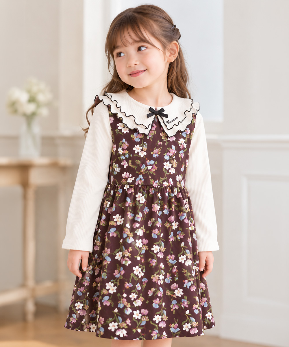 ベビー服 女の子 こども服 キッズ 花柄 ファスナー ブラウン(05) モデル画像アップ