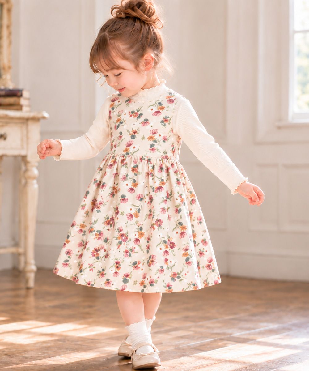 ベビー服 女の子 こども服 キッズ 花柄 ファスナー アイボリー(12) モデル画像全身