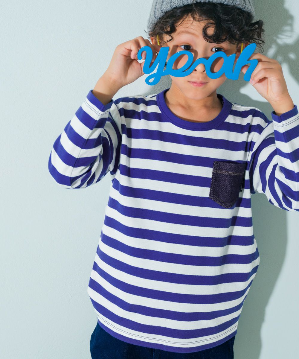ベビー服 男の子 デニムポケット ボーダー 長袖Tシャツ ブルー(61) モデル画像全身