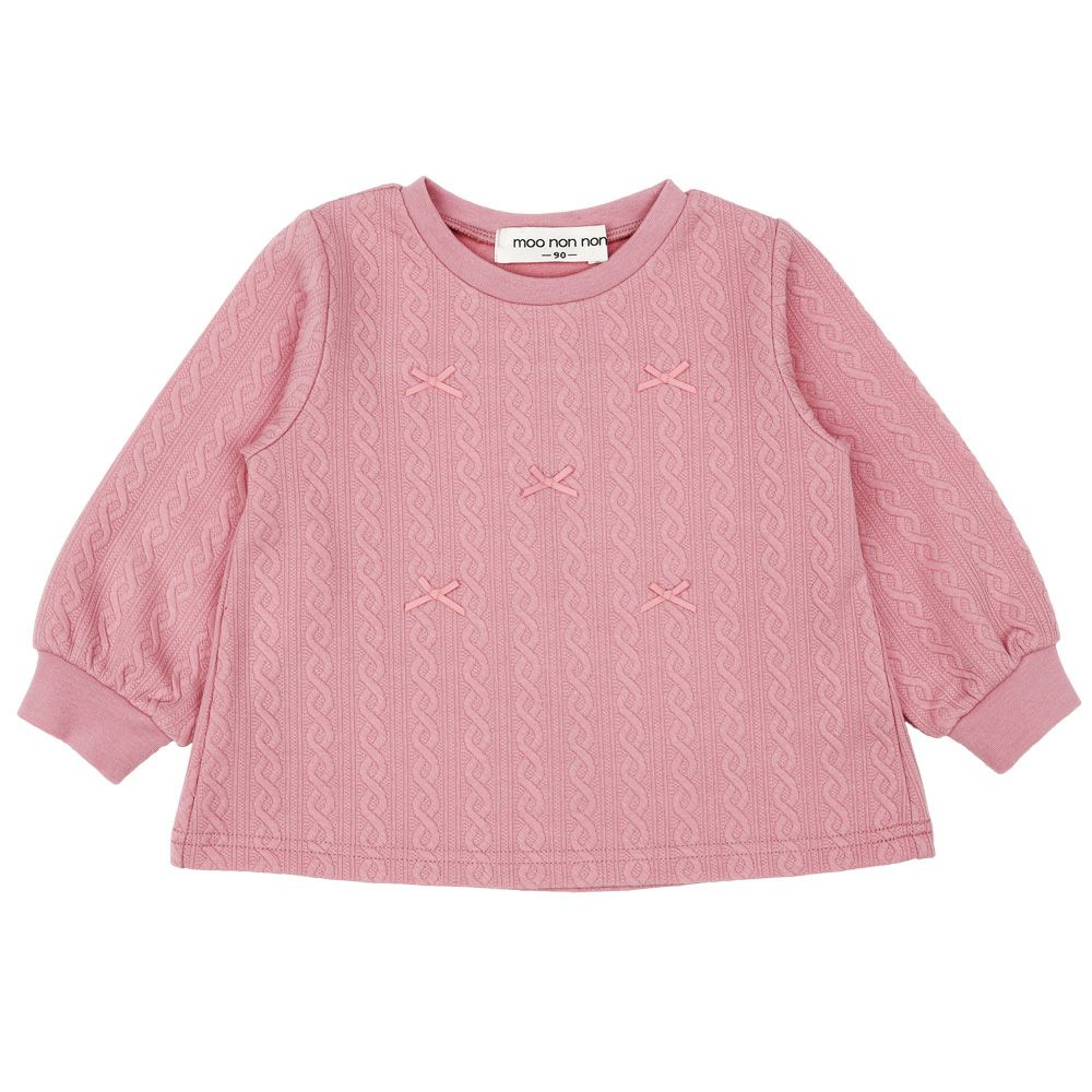 ベビー服 女の子 リボン ニット風 長袖 Tシャツ ピンク(02) 正面