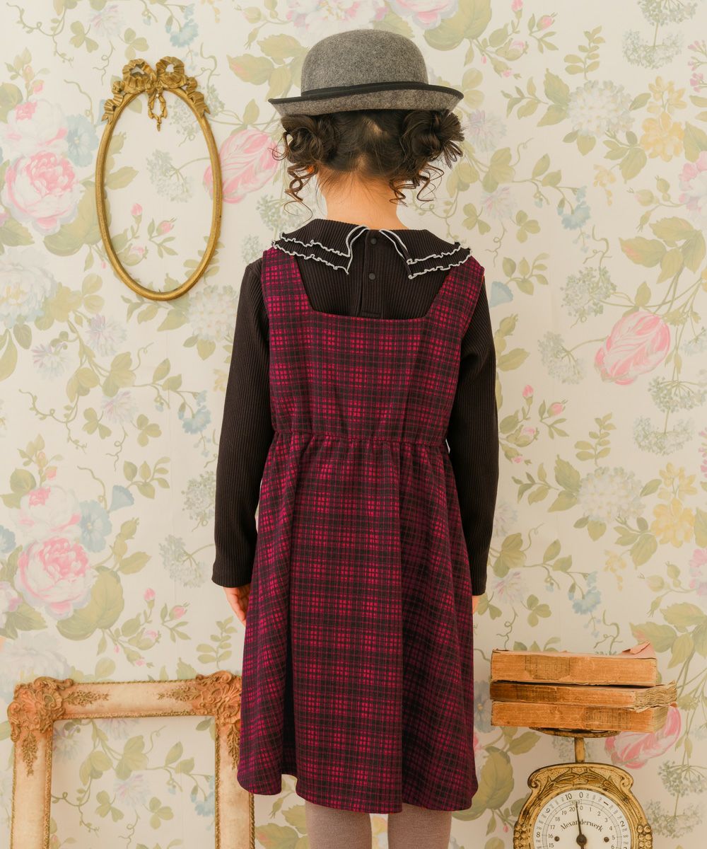 ベビー服 女の子 くるみボタン ジャガードチェック ワンピース レッド(03) モデル画像2