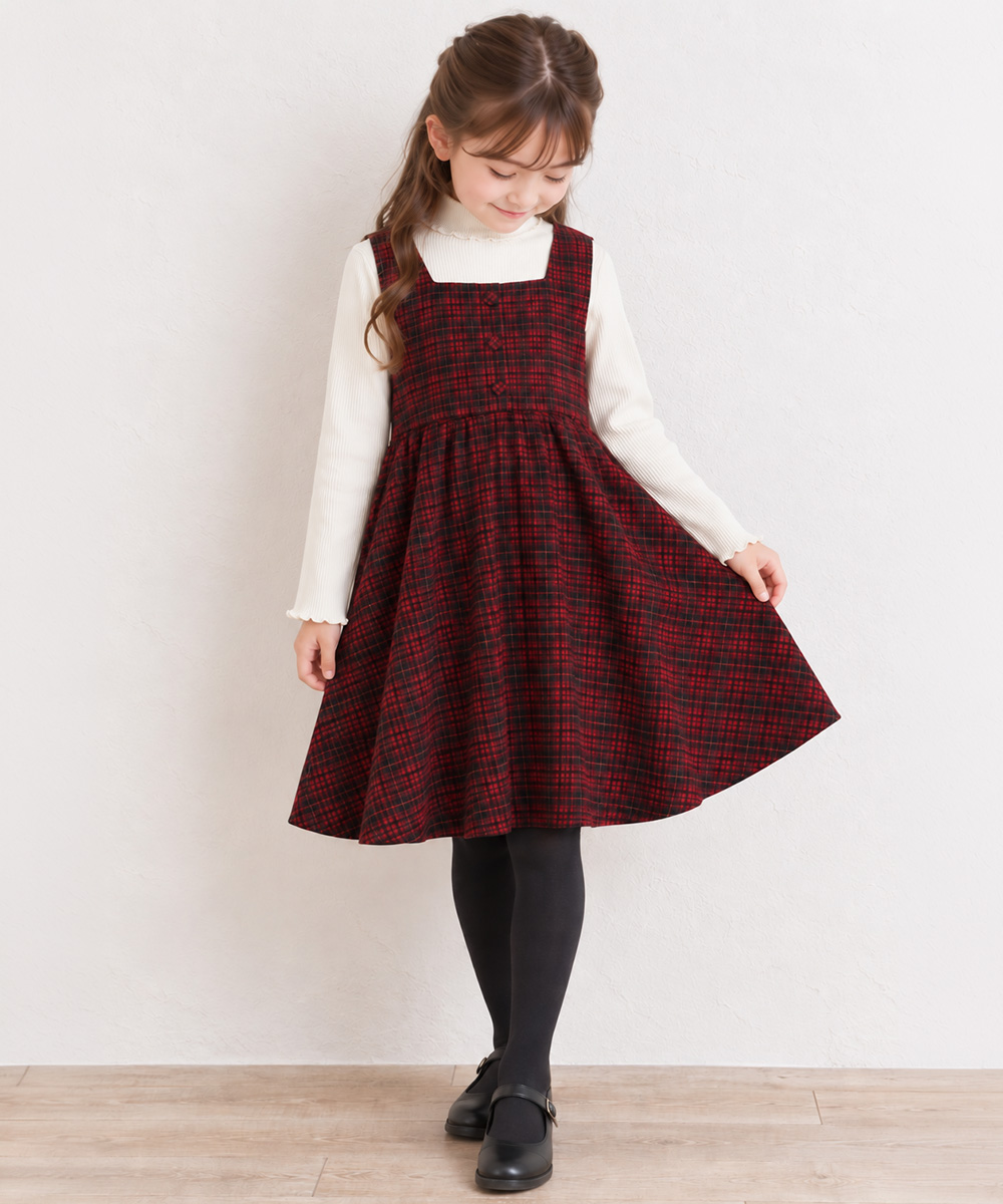 ベビー服 女の子 くるみボタン ジャガードチェック ワンピース レッド(03) モデル画像3